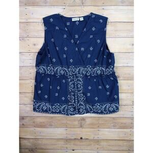Women Shirt 3X Sleeveless Blue White Paisley V-Neck Country Store